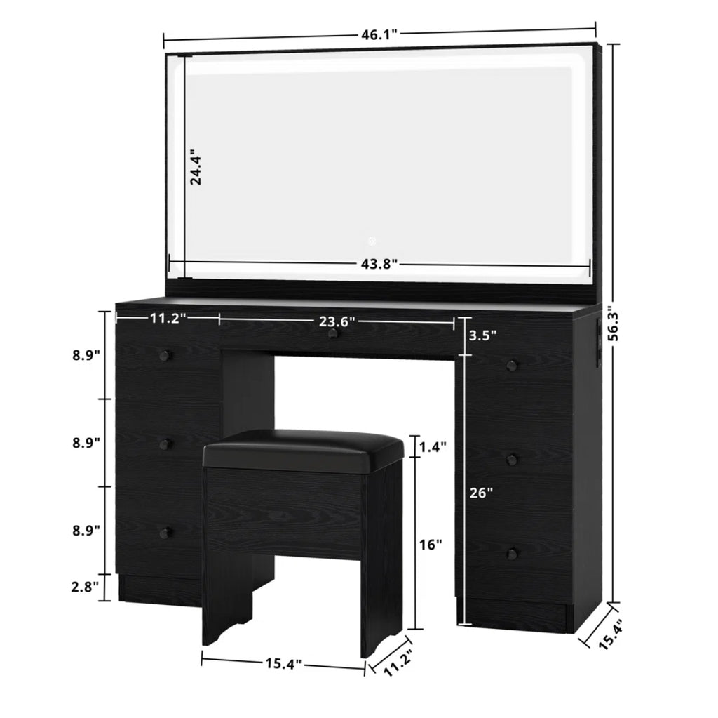 Vanity w/ LED Mirror, Power Outlet & 7 Drawers