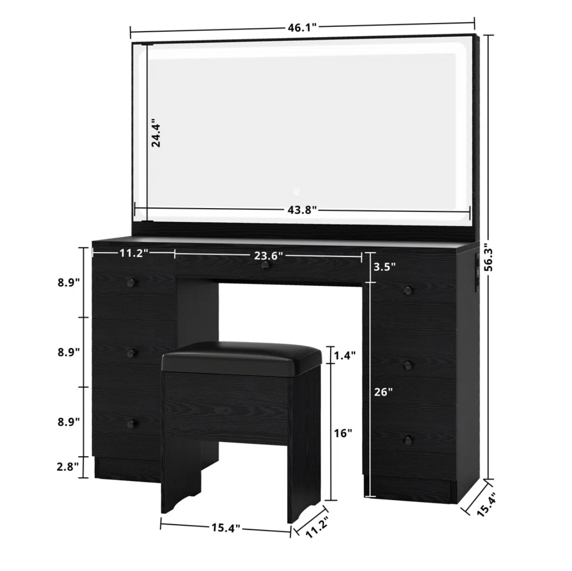 Vanity w/ LED Mirror, Power Outlet & 7 Drawers