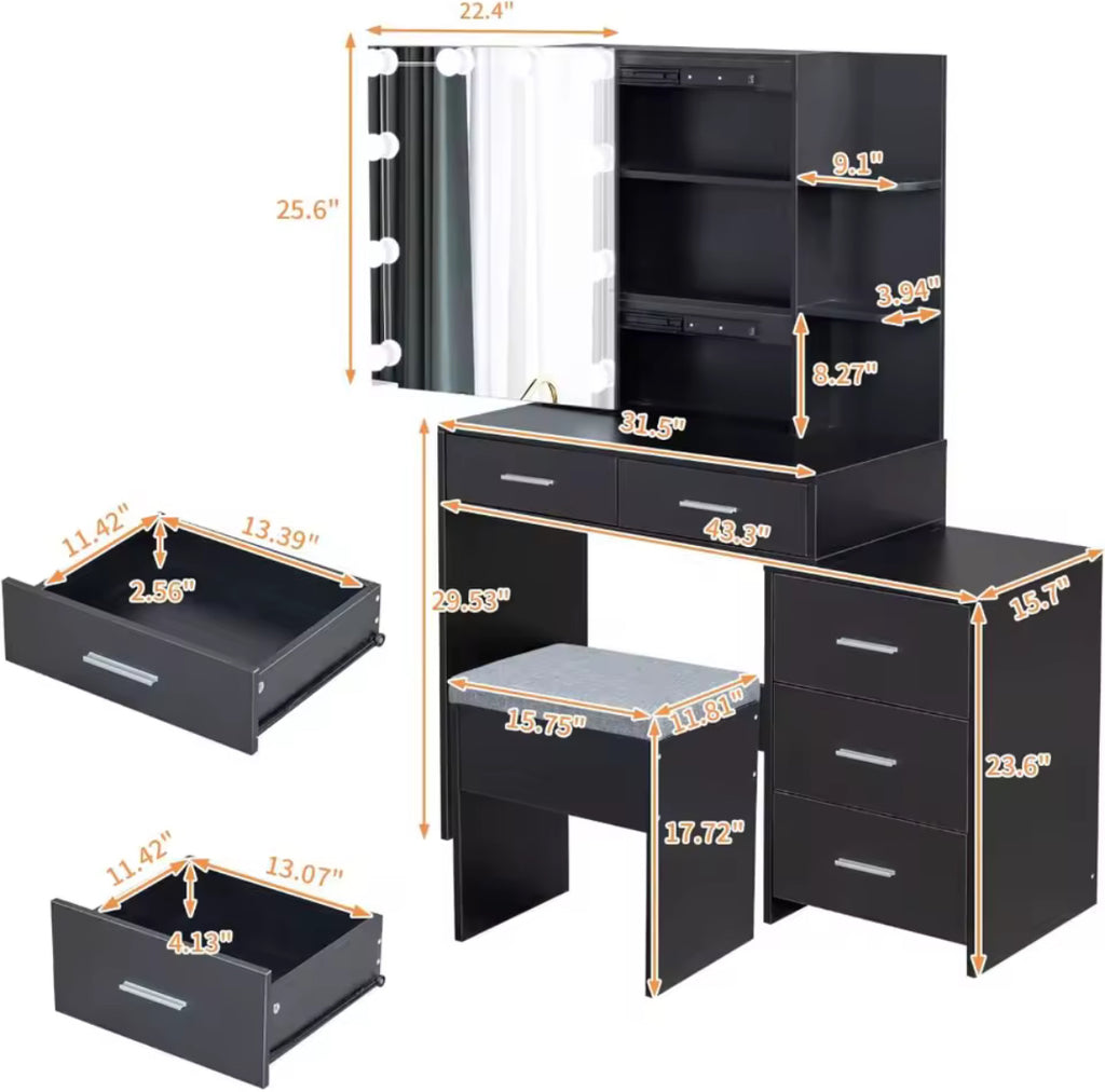 31” Lighted Vanity Desk w/ Sliding Mirror & 5 Drawers