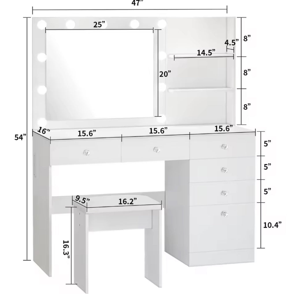 47" Vanity Desk w/ Outlet, 6 Drawers & Adjustable Lighting