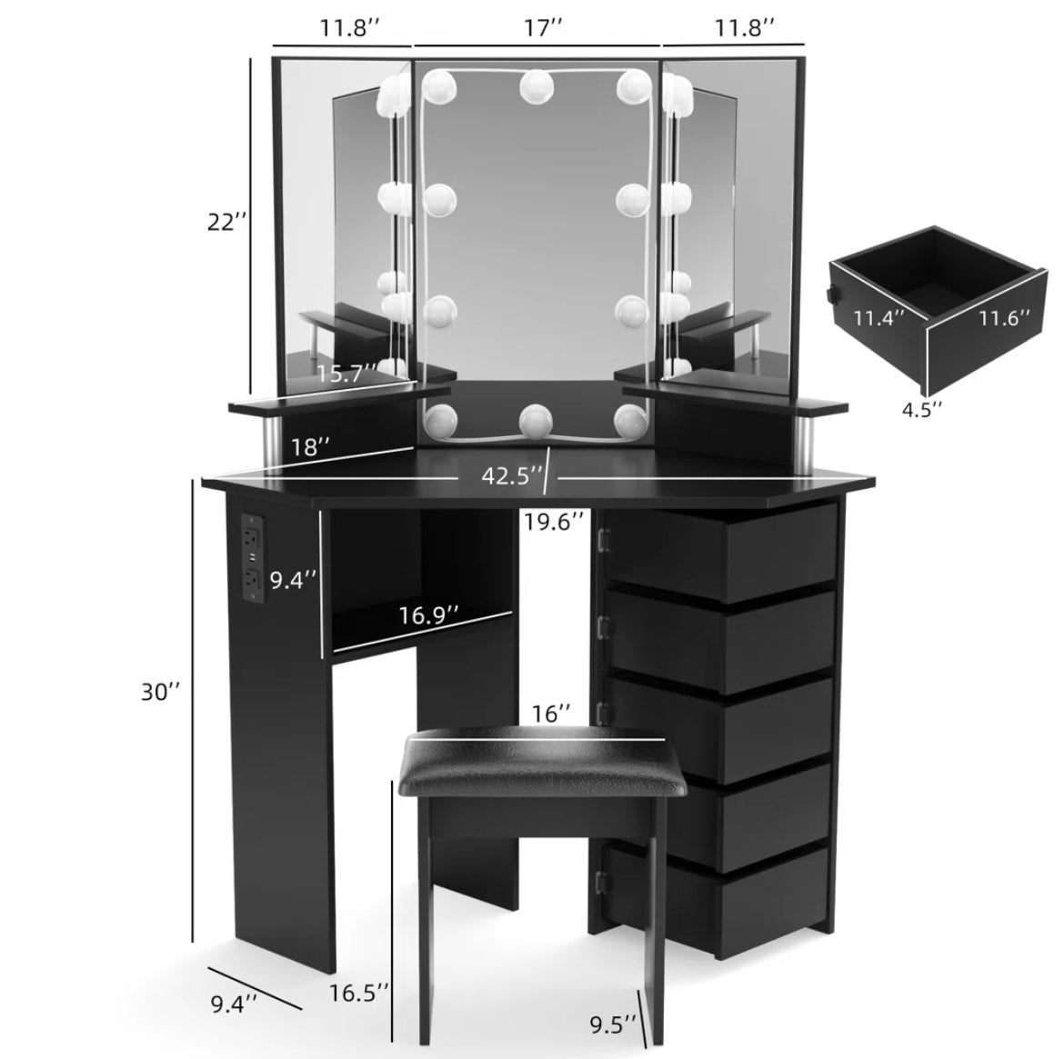 Tri-Fold Vanity Set w/ 5 Rotating Drawers and Outlets