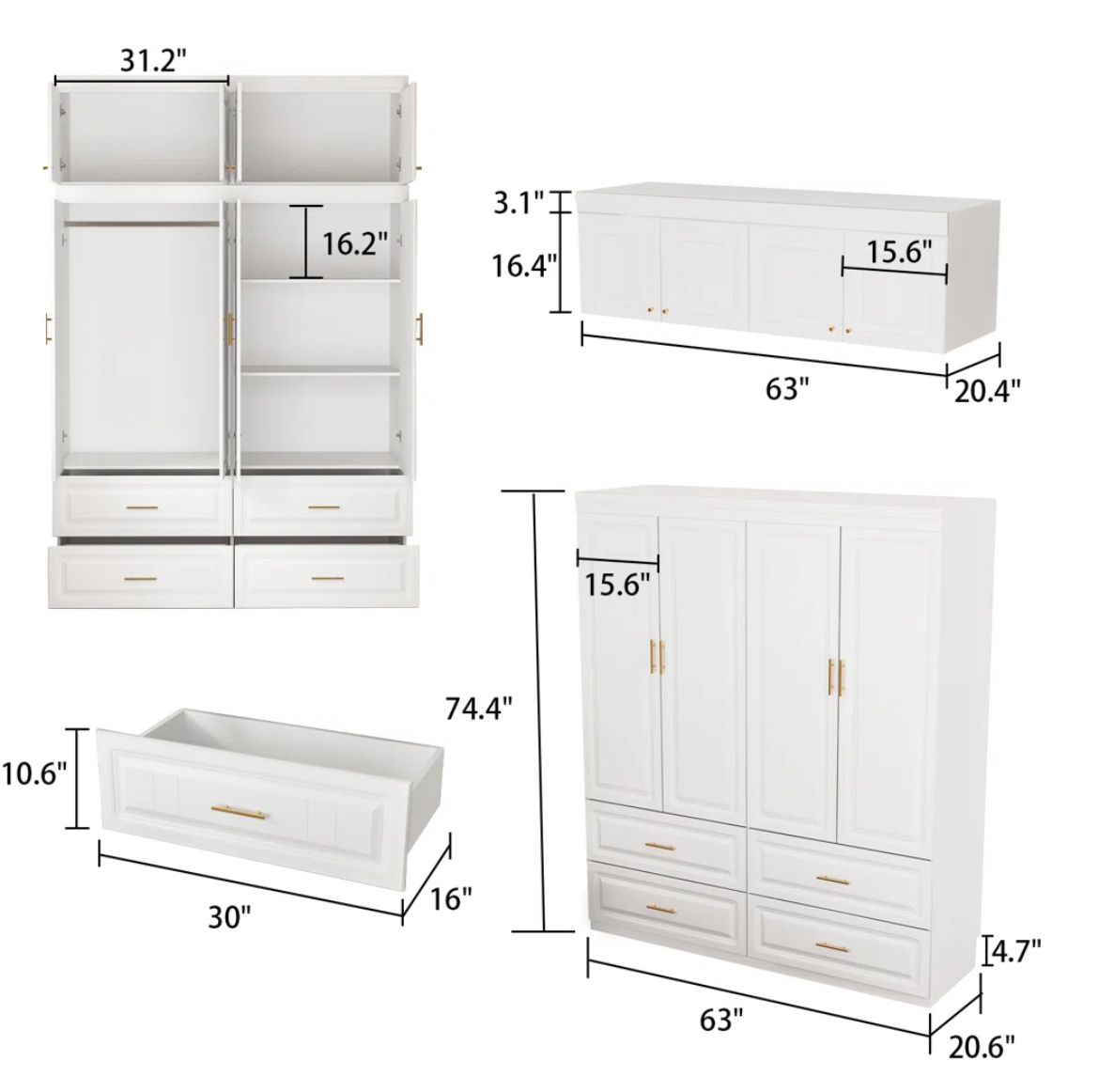 63” 4-Door Armoire w/ 4
Drawers