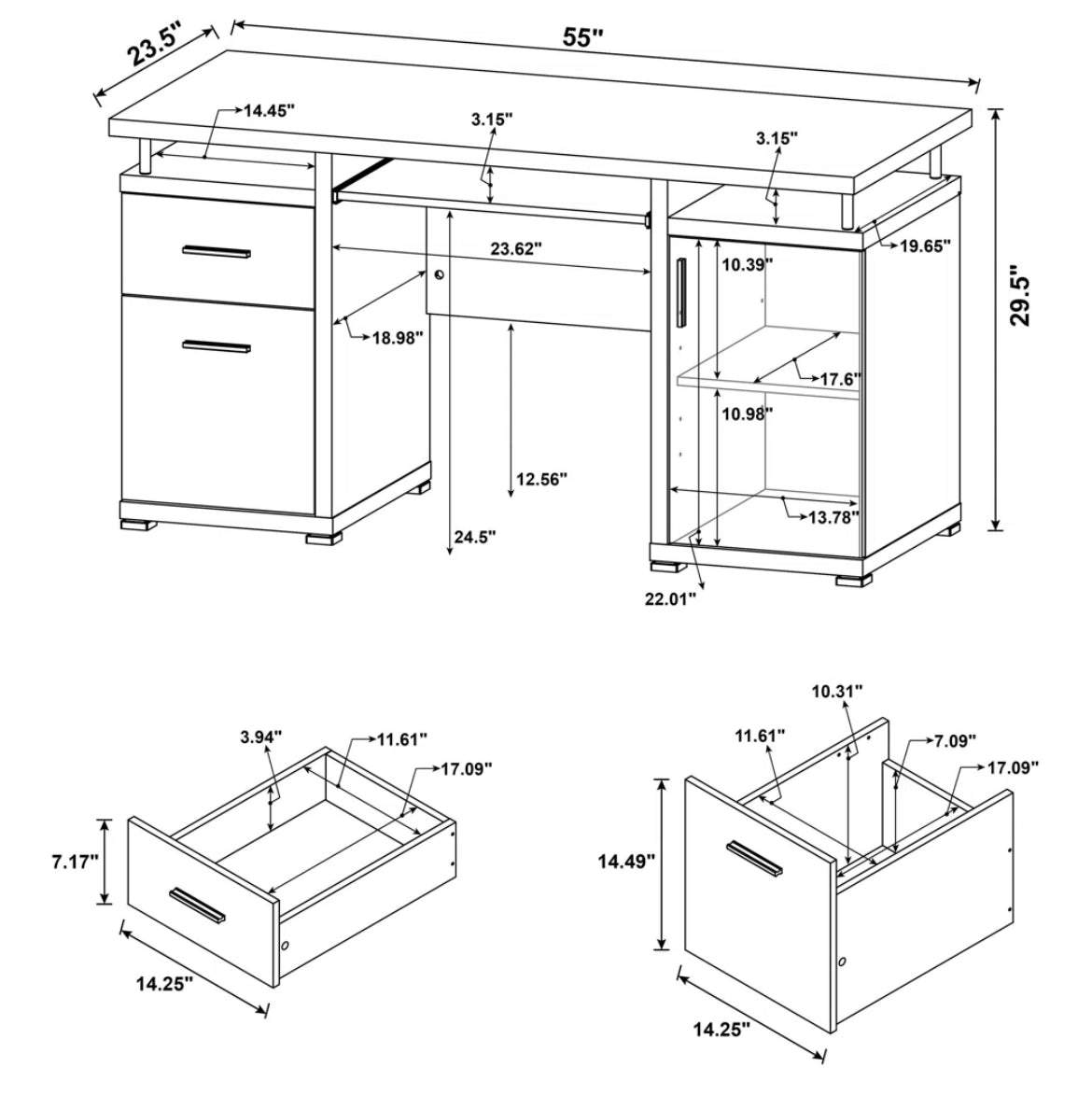 55” Office Desk w/ 2 Drawers & Cabinet