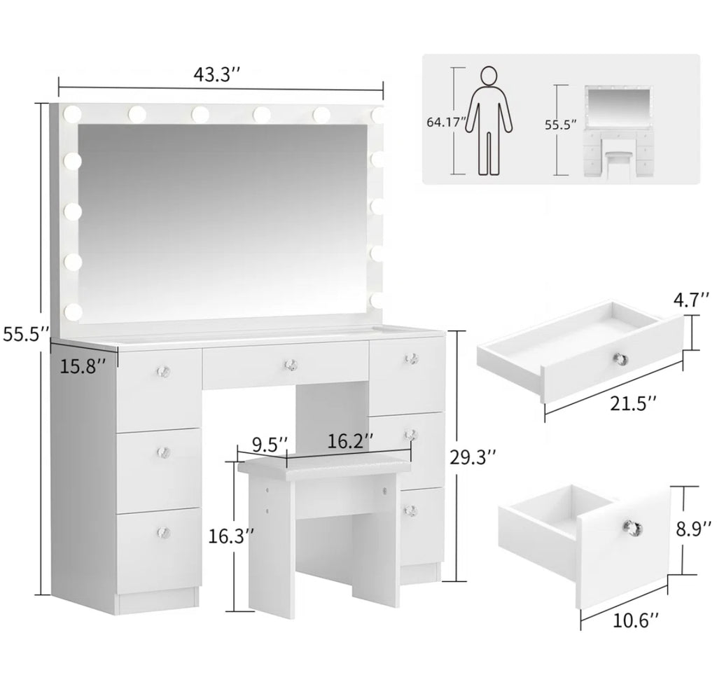 43” Vanity Desk w/ Adjustable Brightness & 3 Color Lighting Modes