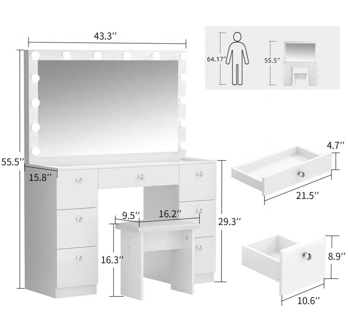 43” Vanity Desk w/ Adjustable Brightness & 3 Color Lighting Modes
