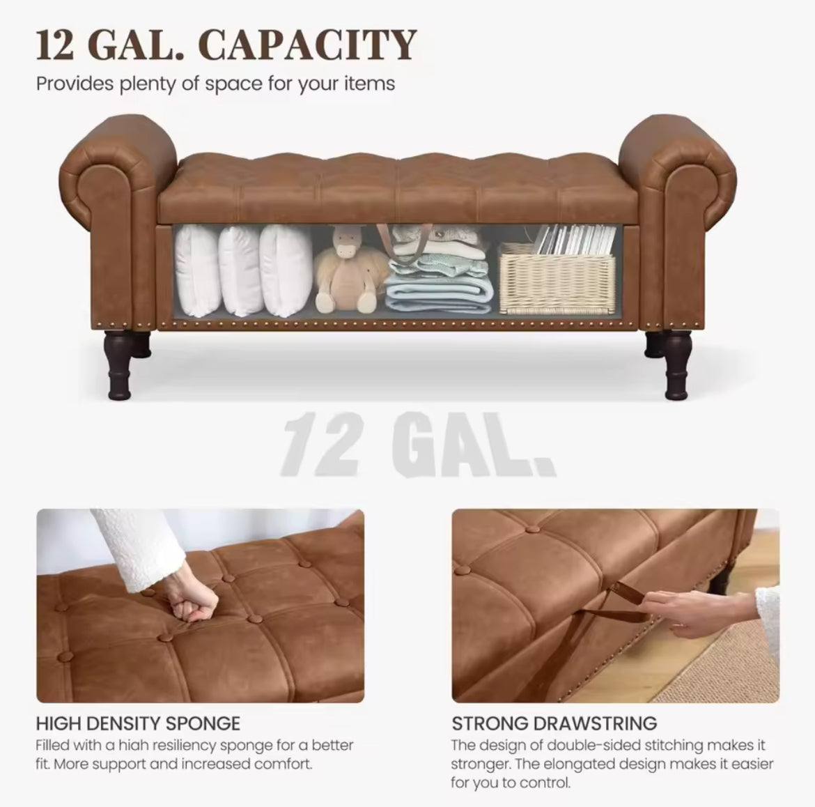 50” Tufted Storage Bench for Full/Queen Beds