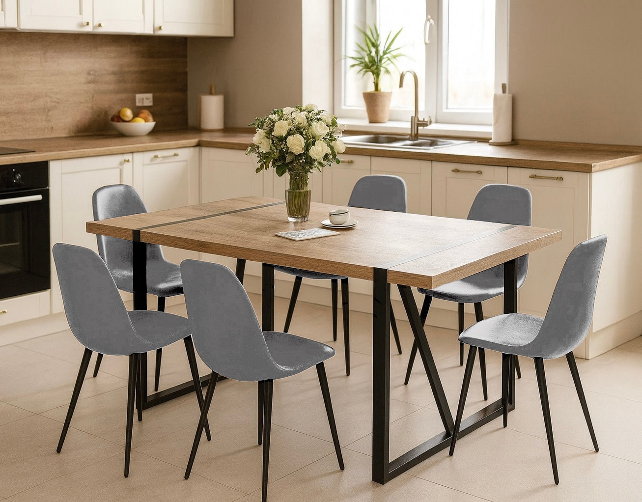 7-Piece Rectangle Wood Dining Table w/ Fabric Chairs Set for 6