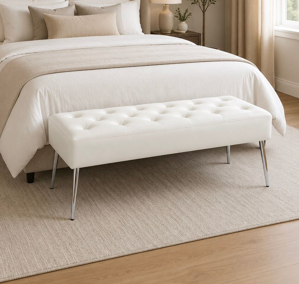 Modern Tufted Leather Bench w/ Metal Legs