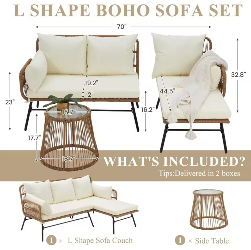 3-Piece L-Shaped Outdoor Sofa w/ Low Glass Table