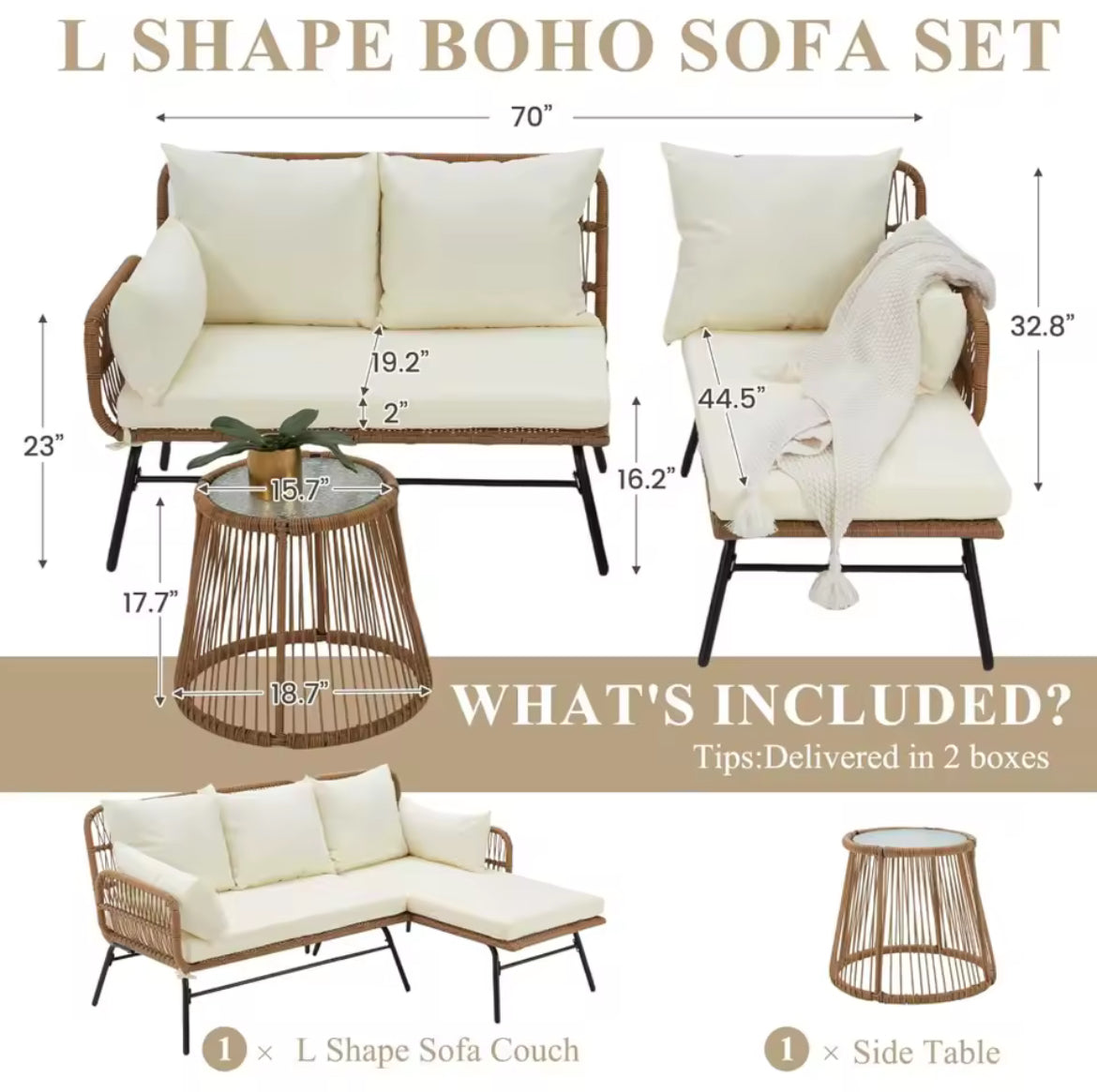 3-Piece L-Shaped Outdoor Sofa w/ Low Glass Table