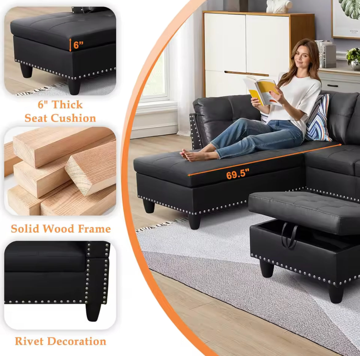 Sectional Set – Chaise & Ottoman w/ 2 Pillows