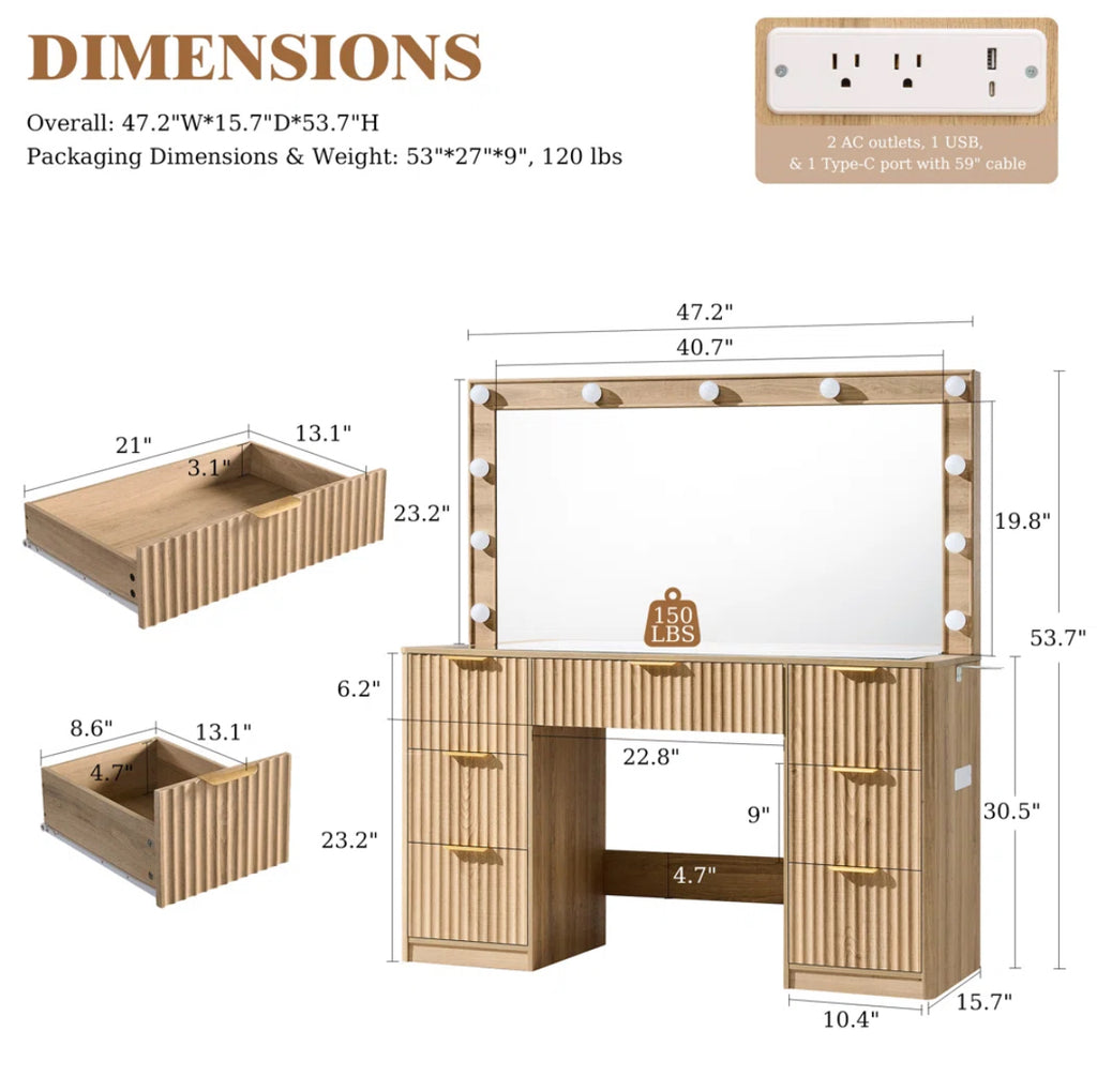 47" Fluted Vanity Desk w/ Mirror & Adjustable Led Lights
