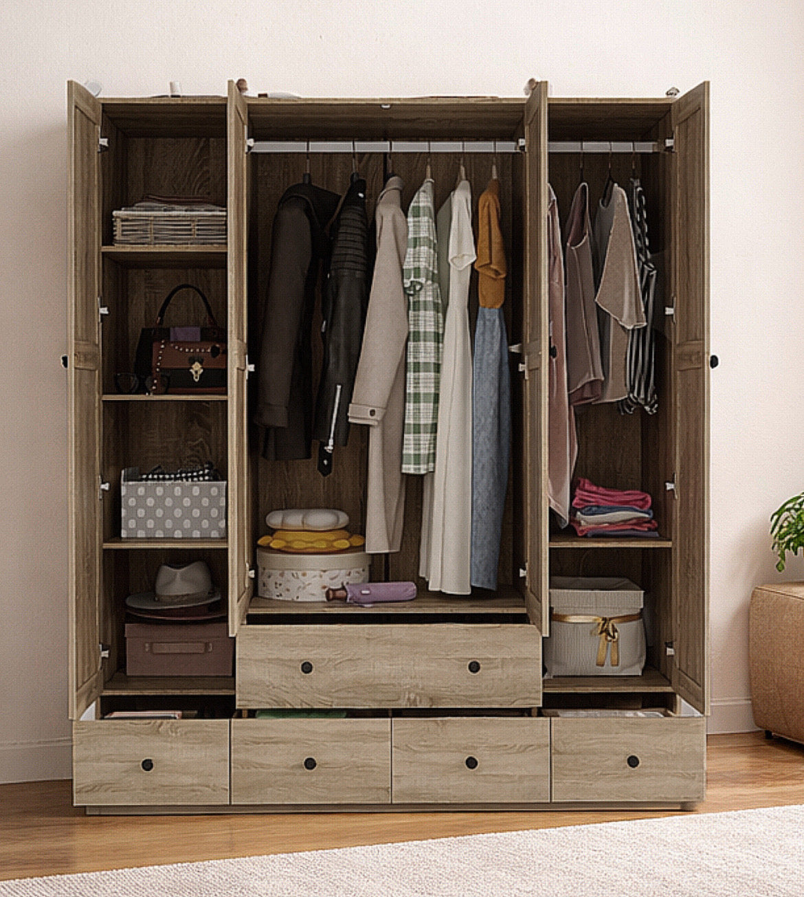 59” 4-Door Rattan Armoire