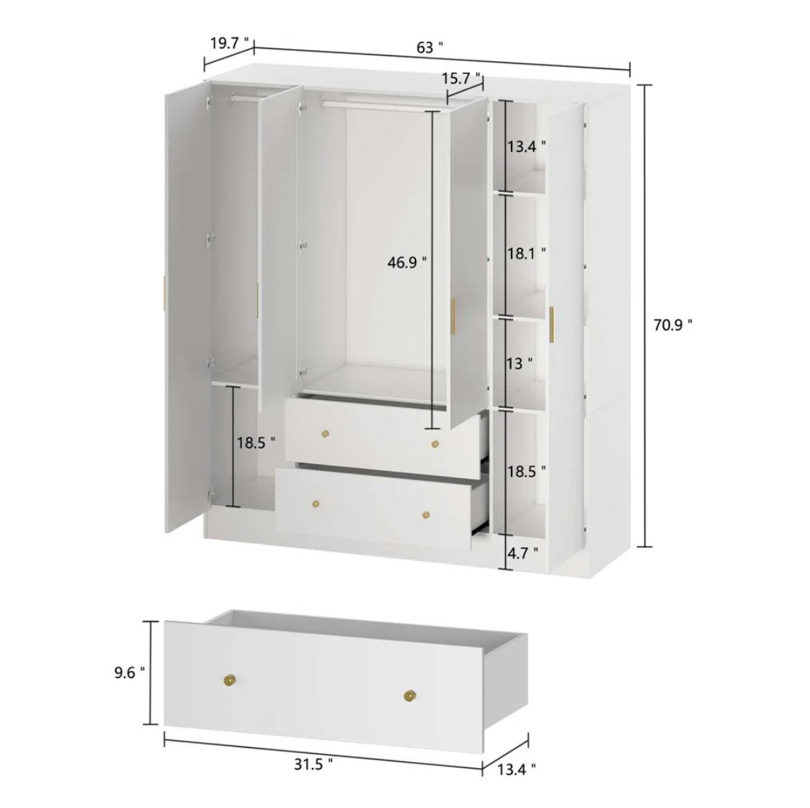 71" Double Wooden Wardrobe