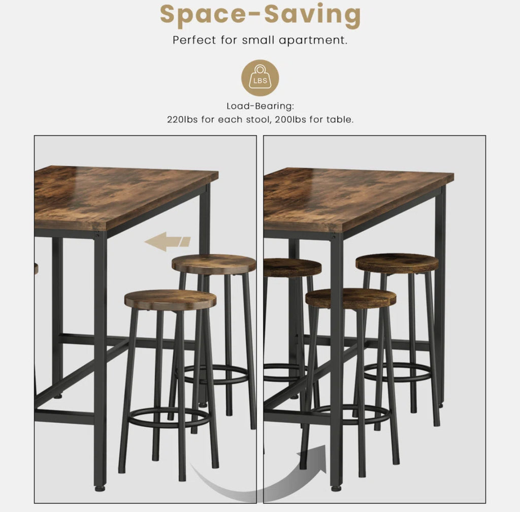 5-Piece Industrial Dining Table Set w/ 4 Stools