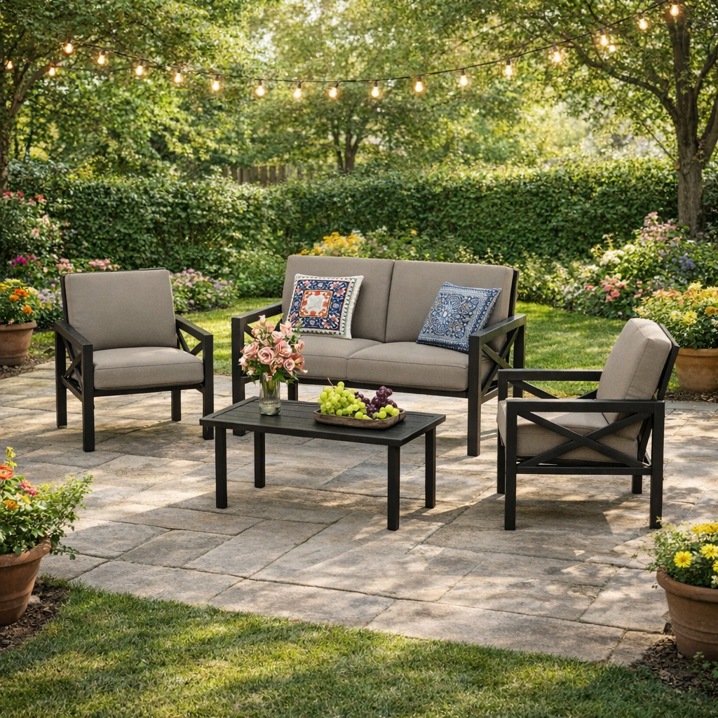 4-Piece Outdoor Patio Furniture Set w/ Thick Cushion & Low Table