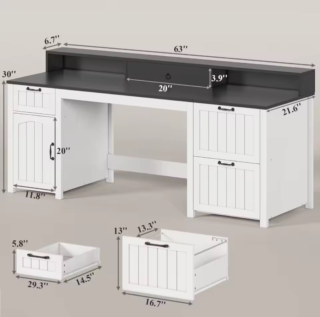 63” Office Desk w/ File Drawer & Monitor Stand