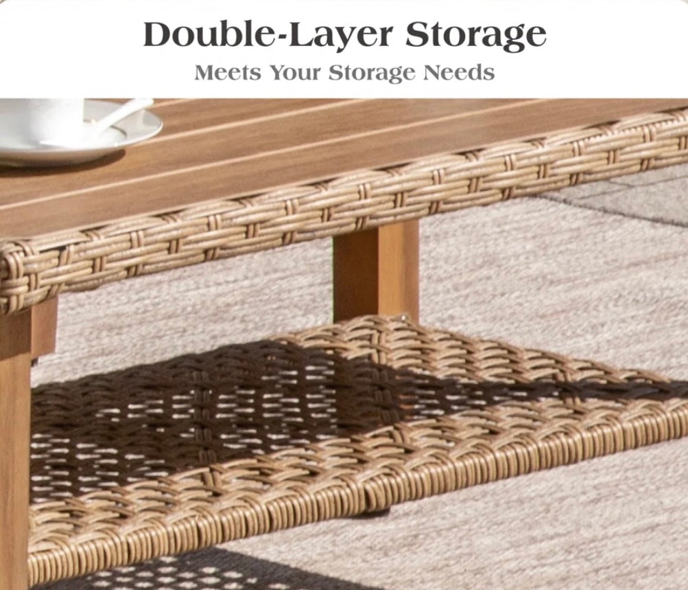 Wicker Patio Set w/ Wooden Coffee Table