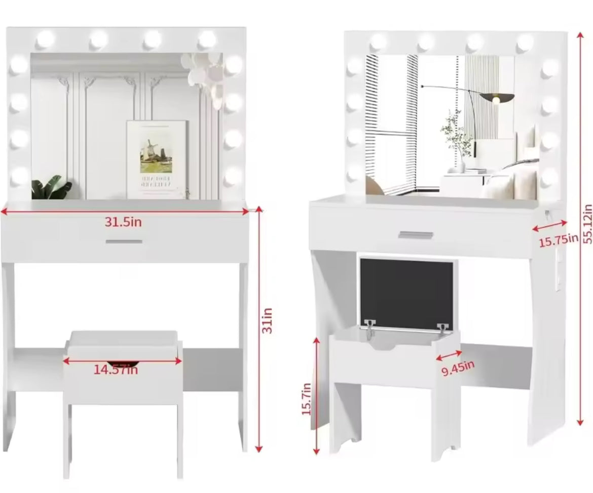 31” Vanity Desk w/ Lighted Mirror & Adjustable Brightness