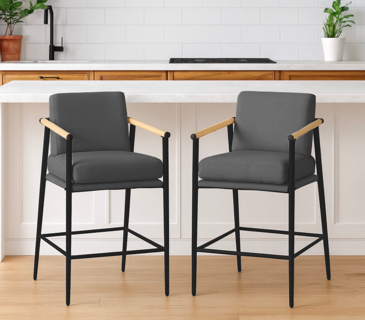 Mid Century Counter Stools w/ Wooden Armrests (Set of 2)