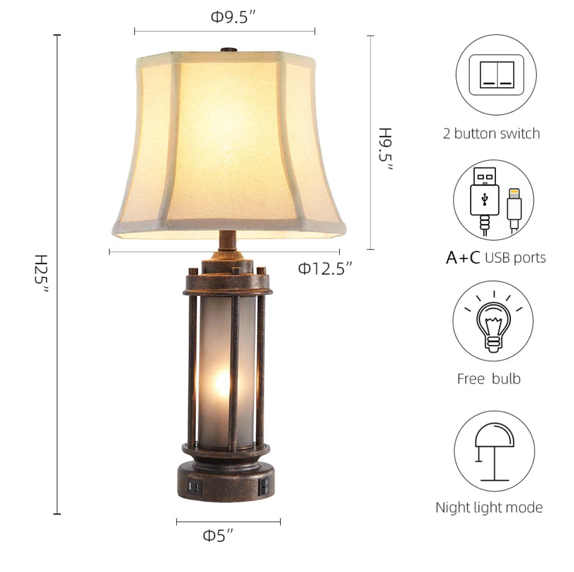 Night Light Table Lamp w/ USB Ports (Set of 2)