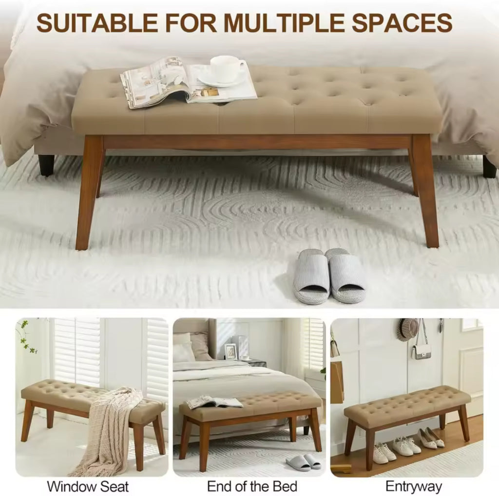 44" Tufted Upholstered Bench w/ Solid Wood Legs