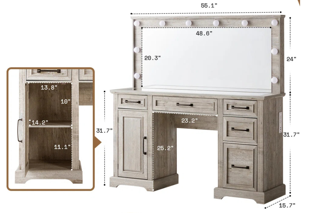 55” Vanity w/ 5 Drawers & Charging Station