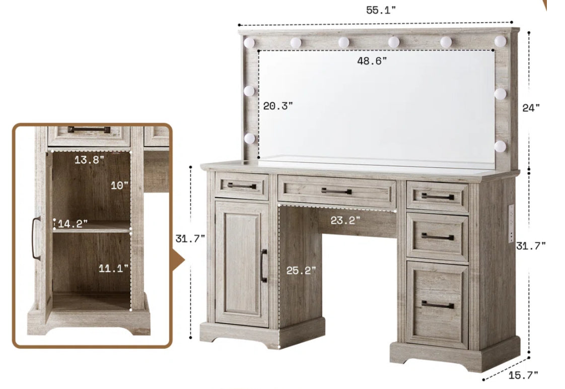 55” Vanity w/ 5 Drawers & Charging Station