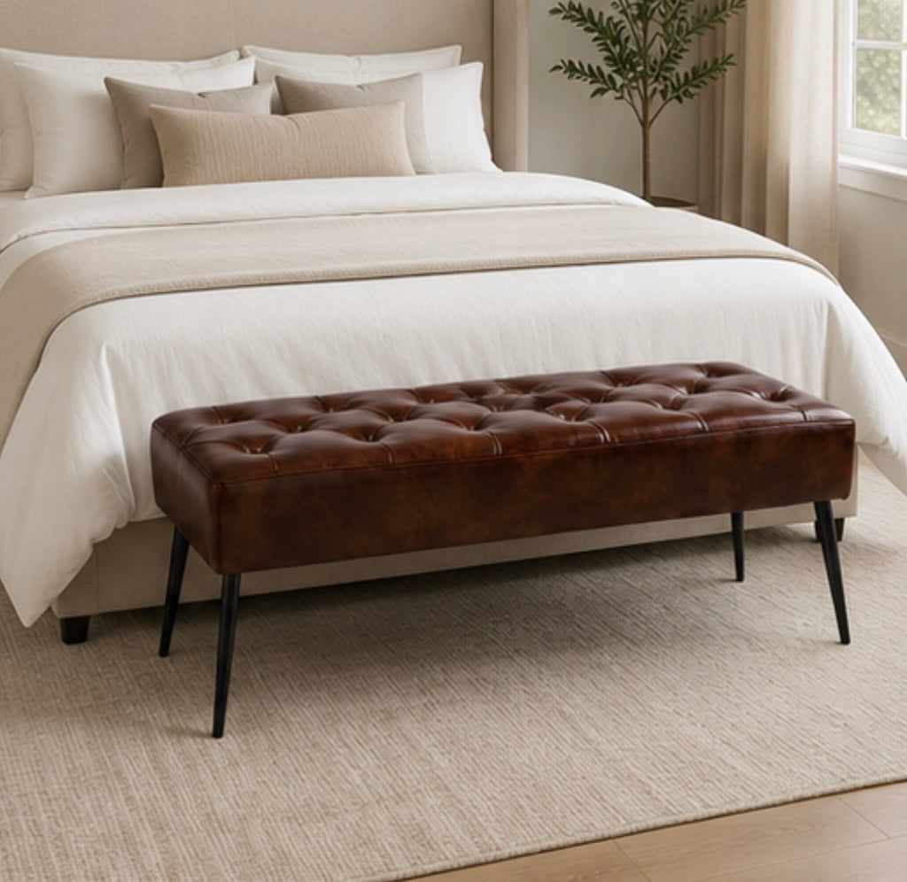 Modern Tufted Leather Bench w/ Metal Legs