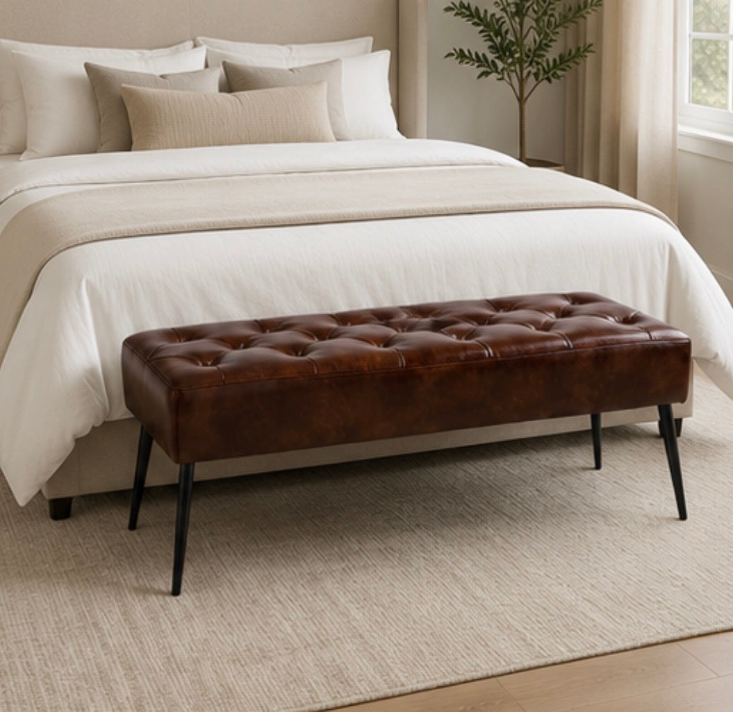 Modern Tufted Leather Bench w/ Metal Legs
