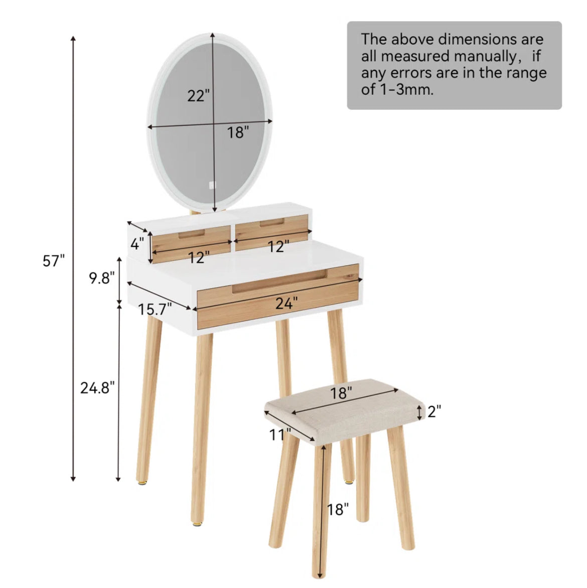 24” Vanity w/ Adjustable Brightness Mirror & Cushioned Stool