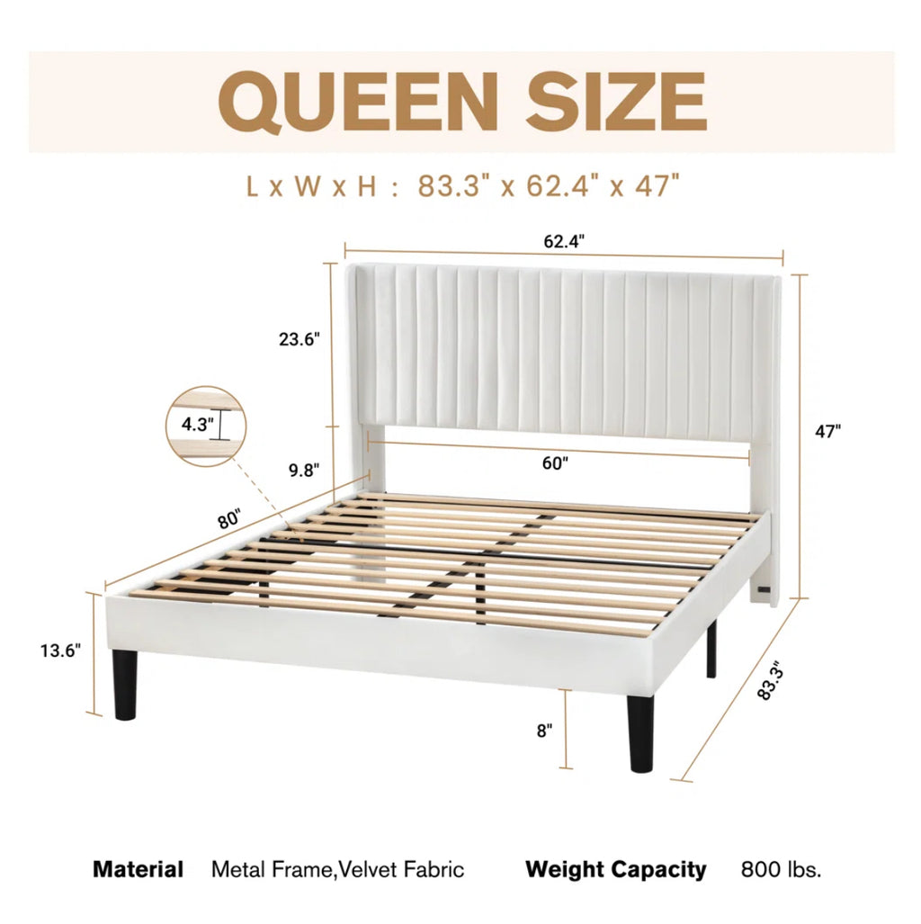 Velvet Platform Bed w/ Headboard