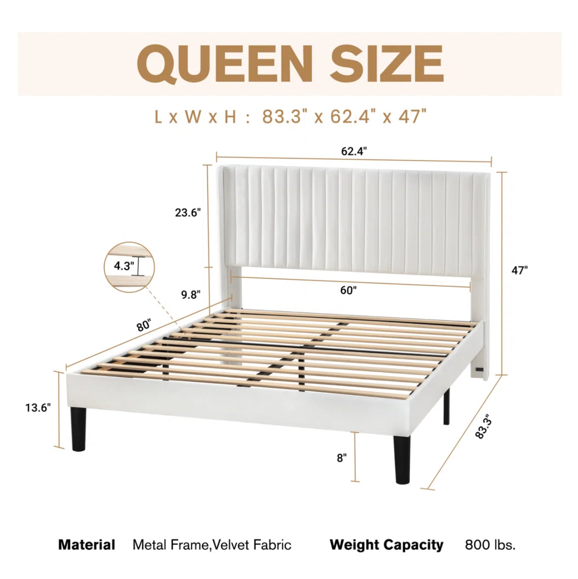 Velvet Platform Bed w/ Headboard