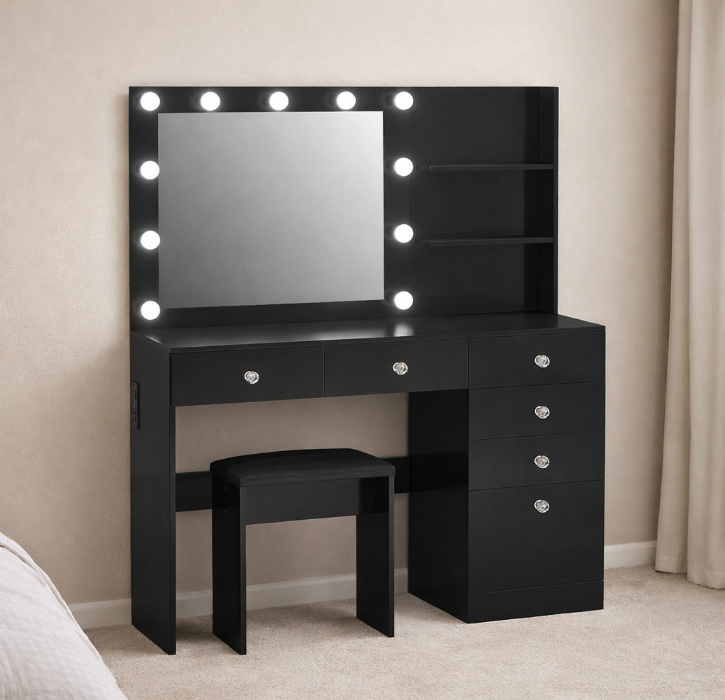 47" Vanity Desk w/ Outlet, 6 Drawers & Adjustable Lighting