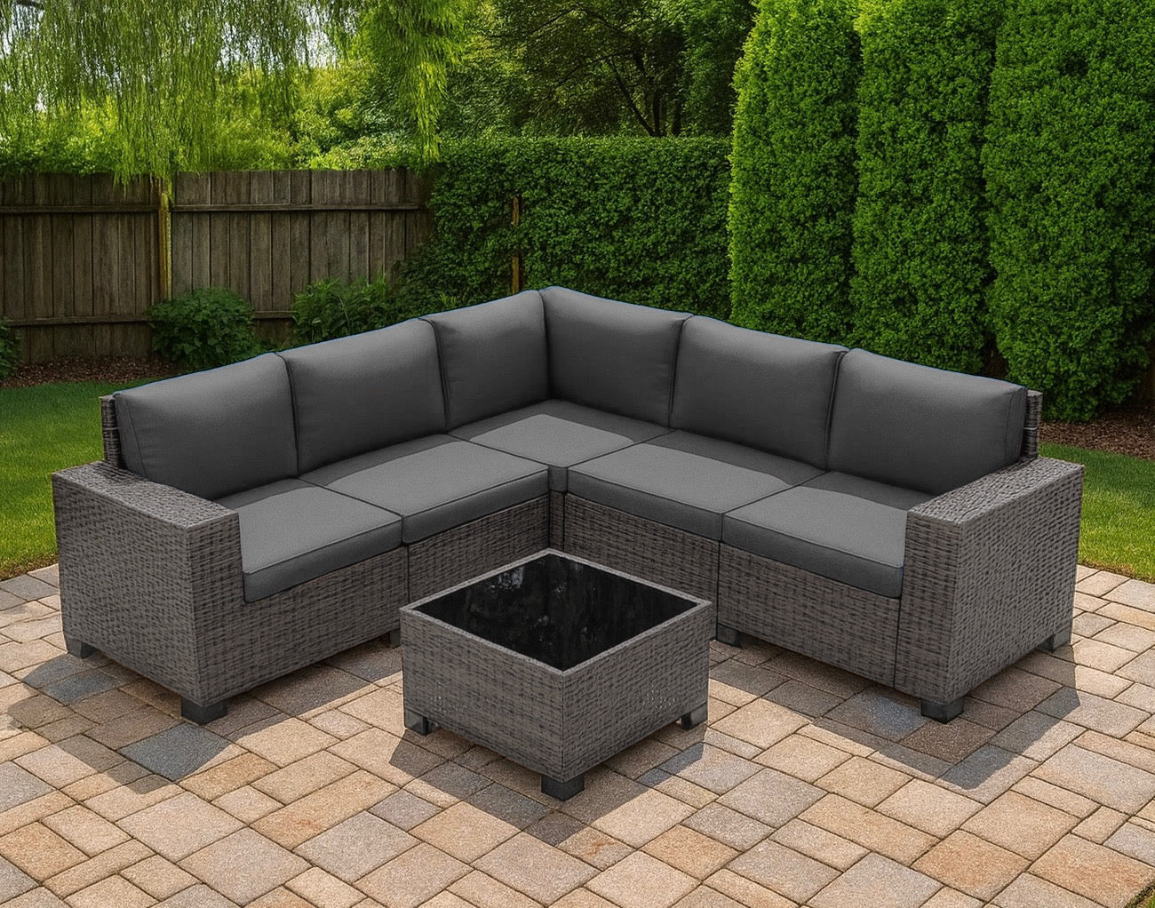 Multi-piece Outdoor Sectional Furniture Set w/ Glass Top Table