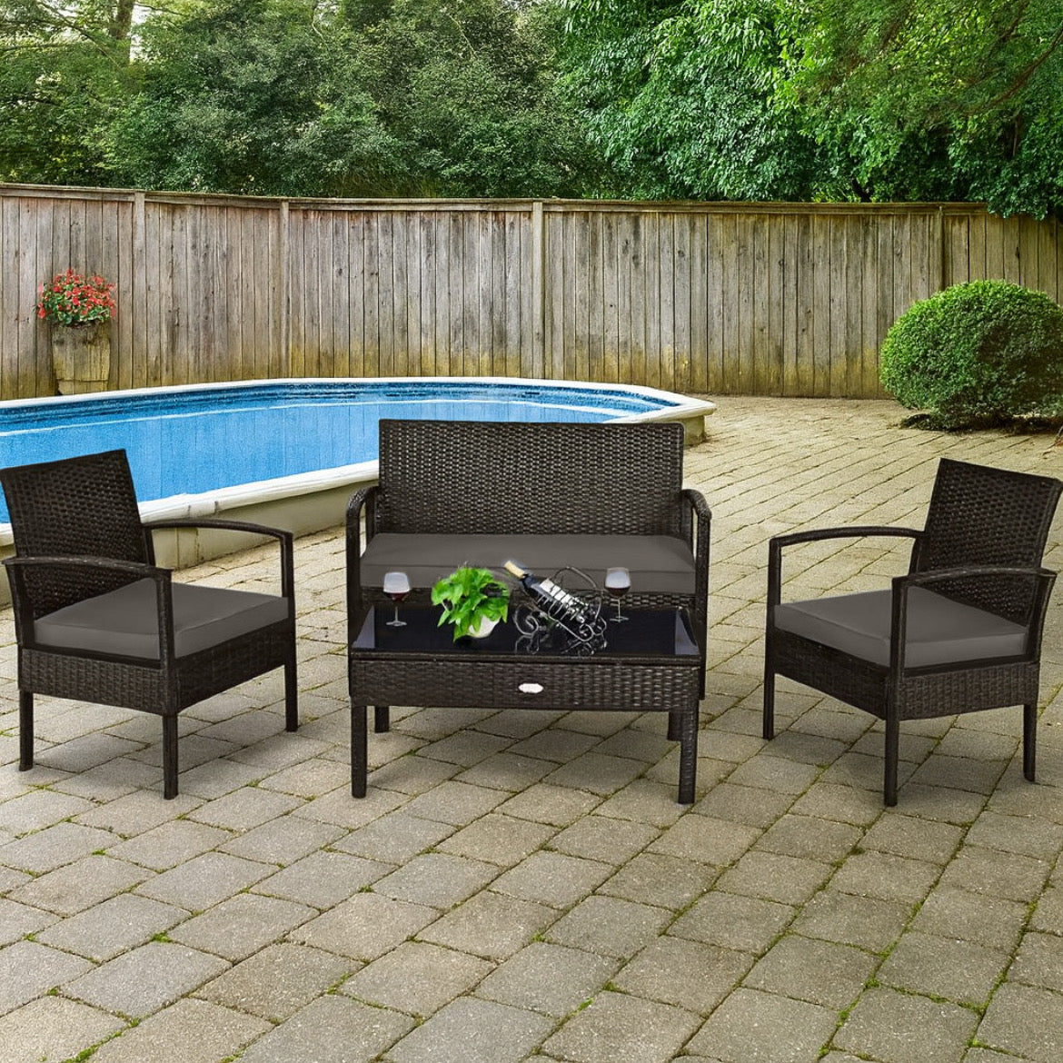 4-Piece Outdoor Patio Furniture Set w/ Glass Topped Table