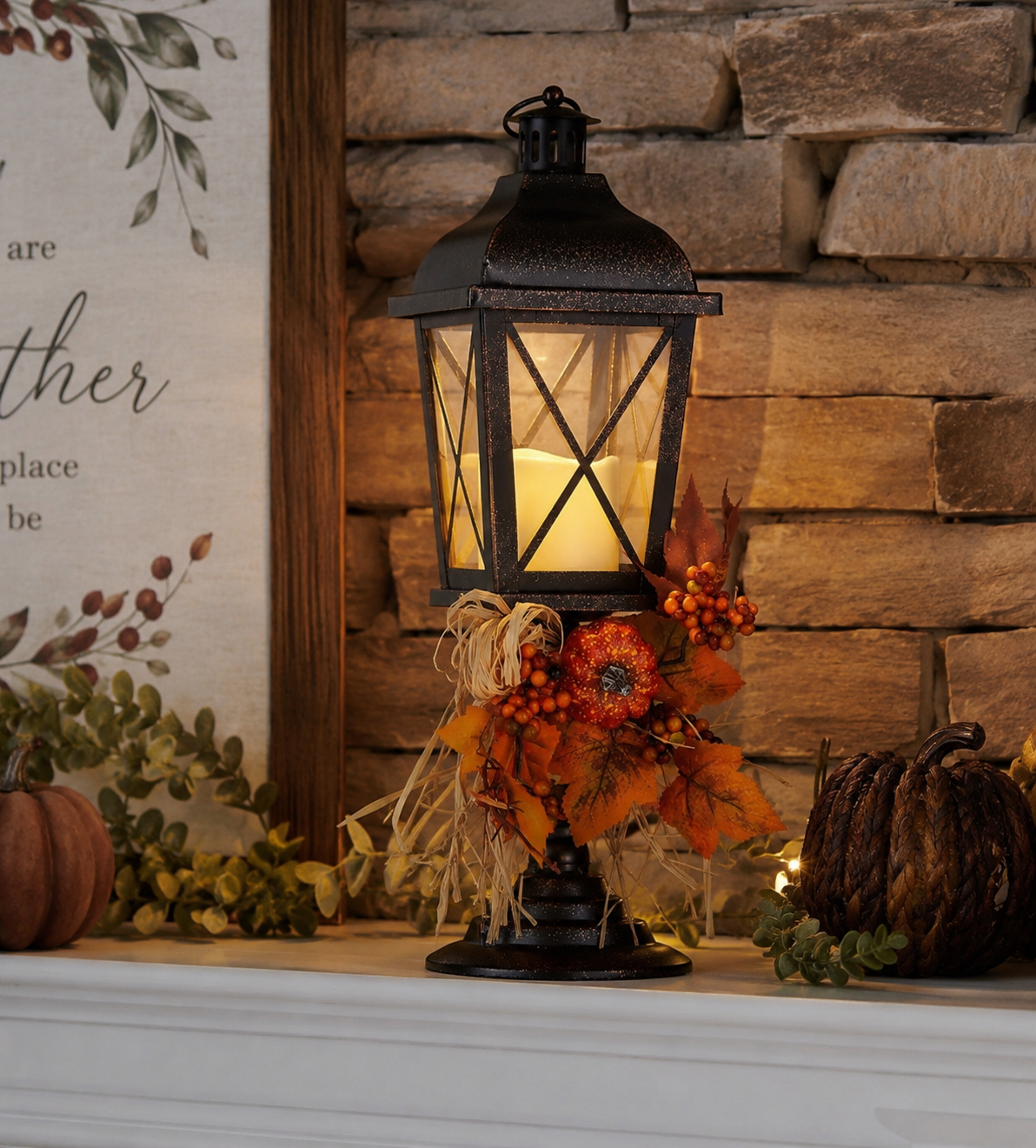 Rustic Metal Lantern w/ Pumpkins