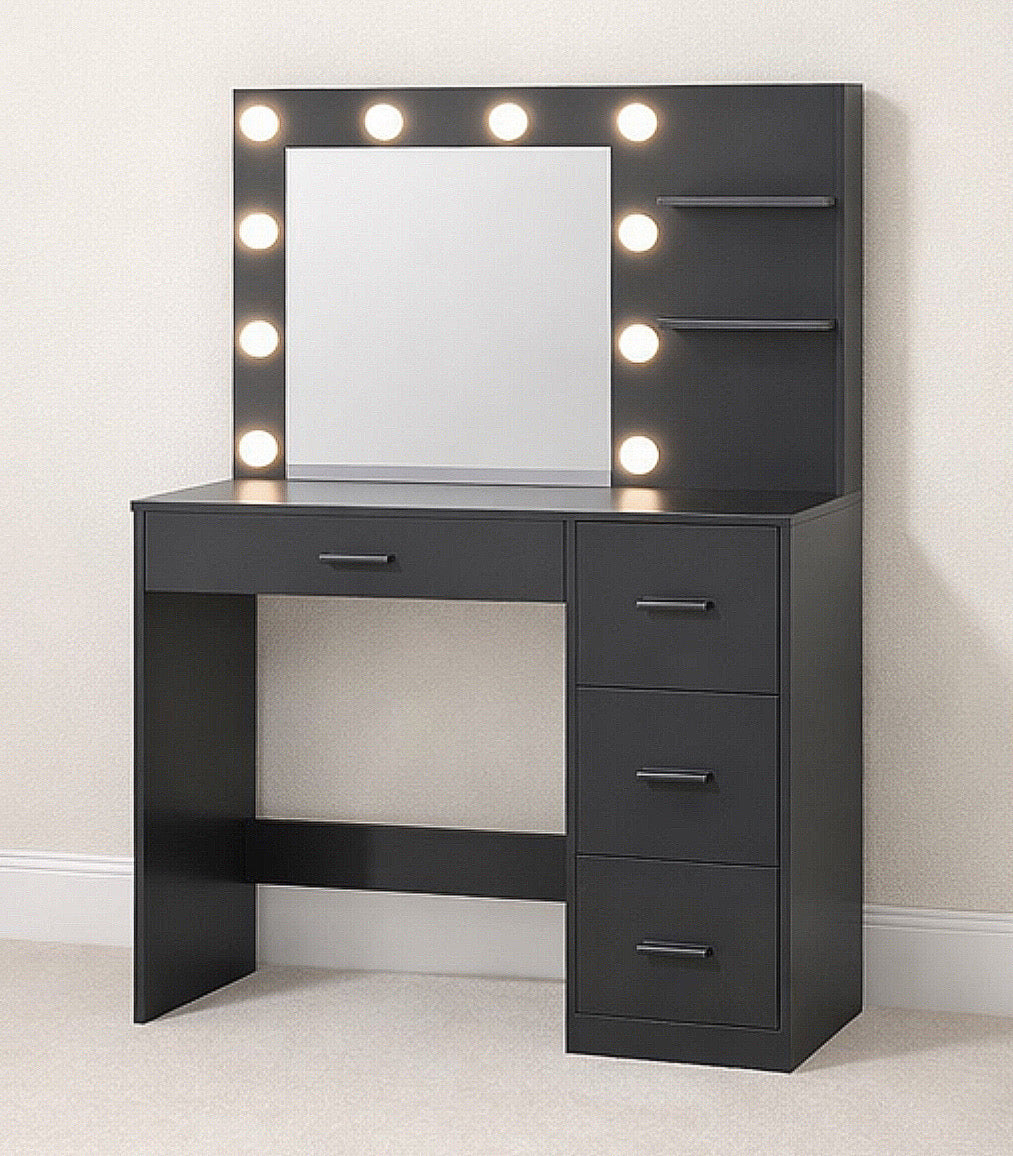 35” Vanity Desk w/ Lighted Mirror, Side Storage Shelf & 4 Drawers
