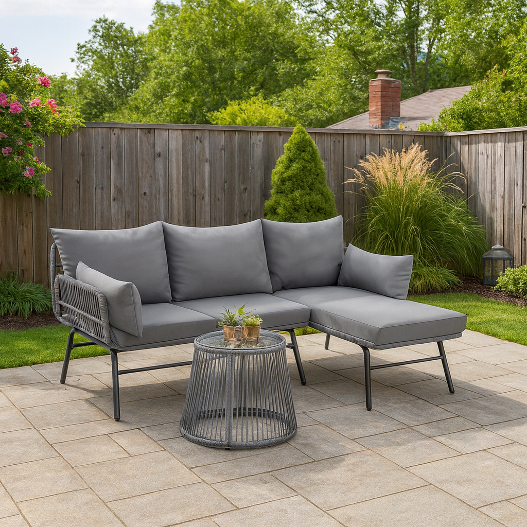 3-Piece L-Shaped Outdoor Sofa w/ Low Glass Table