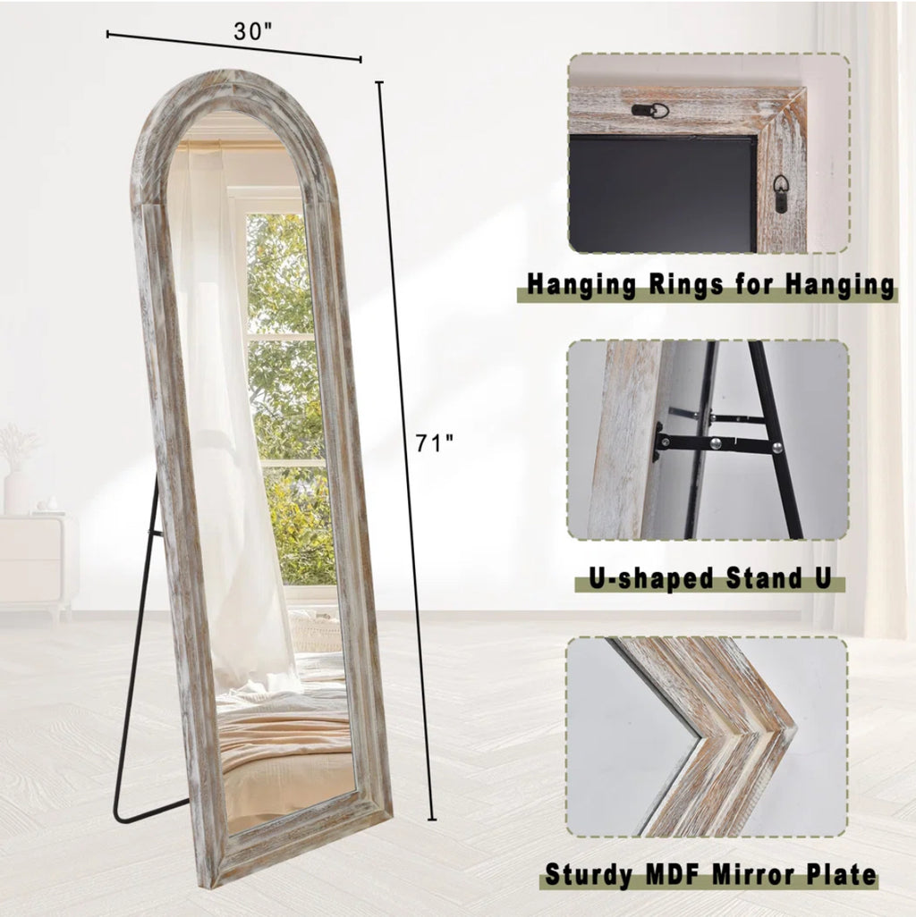 Arched Wood Frame Full Length Mirror w/ Stand