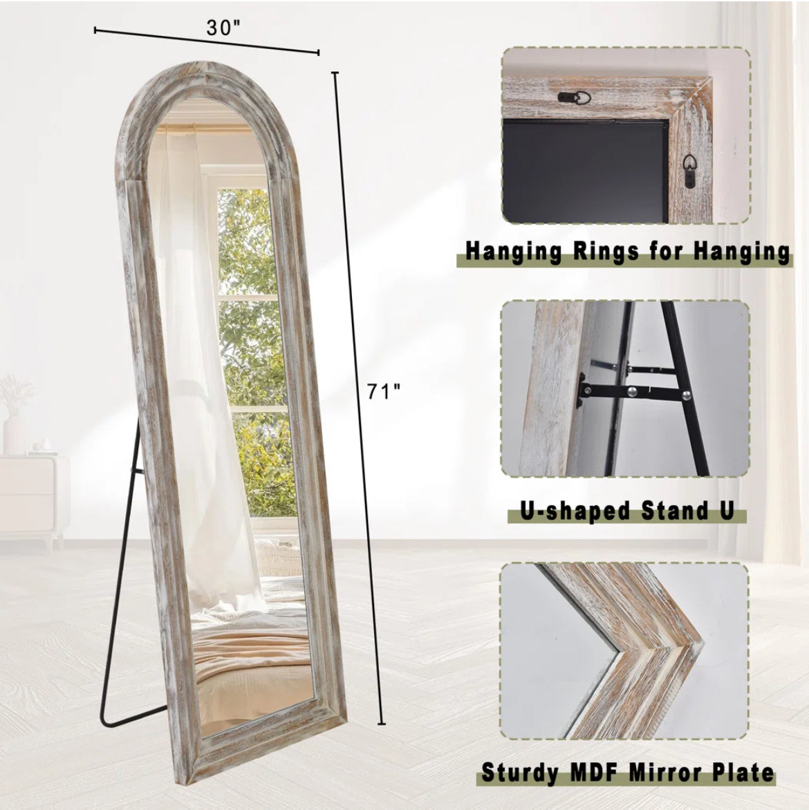 Arched Wood Frame Full Length Mirror w/ Stand