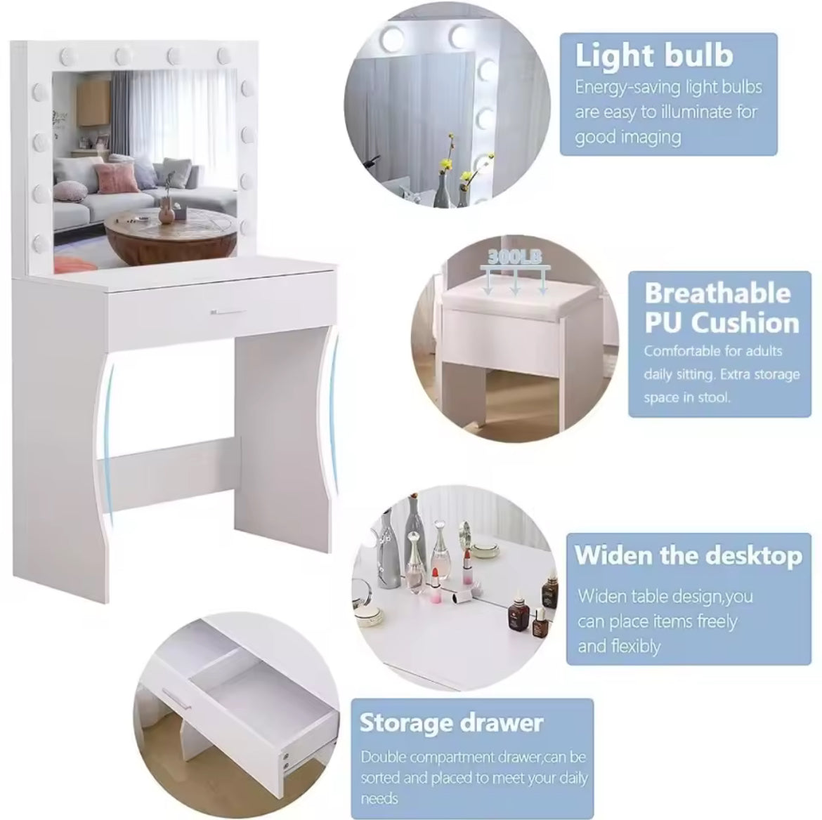 31” Vanity Desk w/ Lighted Mirror & Adjustable Brightness