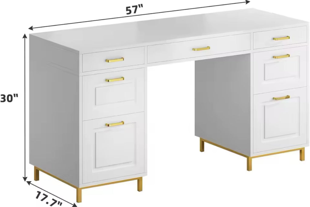 57” Luxury Desk w/ 7 Drawers & Gold Handles