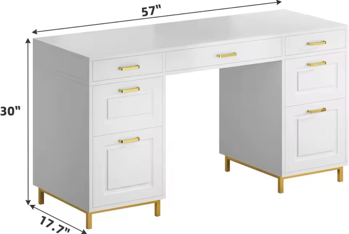 57” Luxury Desk w/ 7 Drawers & Gold Handles