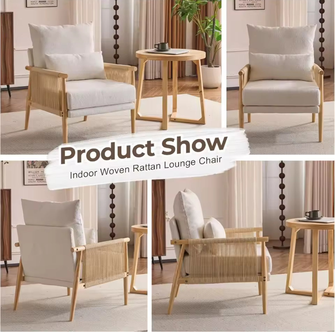 Woven Rattan Lounge Chair w/ Pillow Cushion