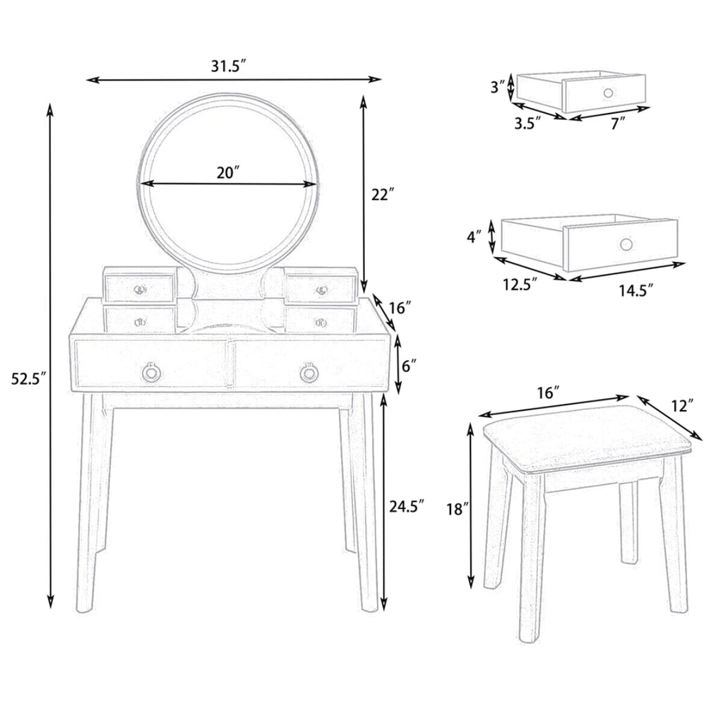 31” Vanity Desk w/ LED Mirror & Comfy Stool