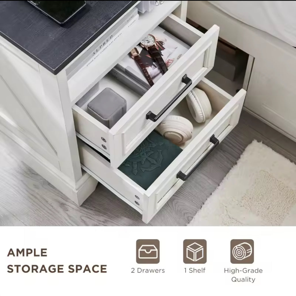 2-Drawer Farmhouse Nightstand w/ Charging Station