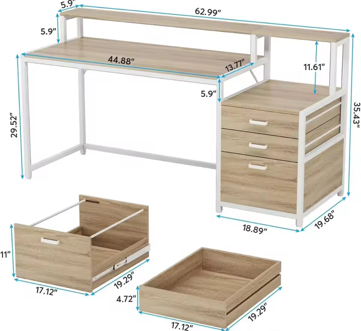 63” Office Desk w/ File Drawer & Monitor Stand