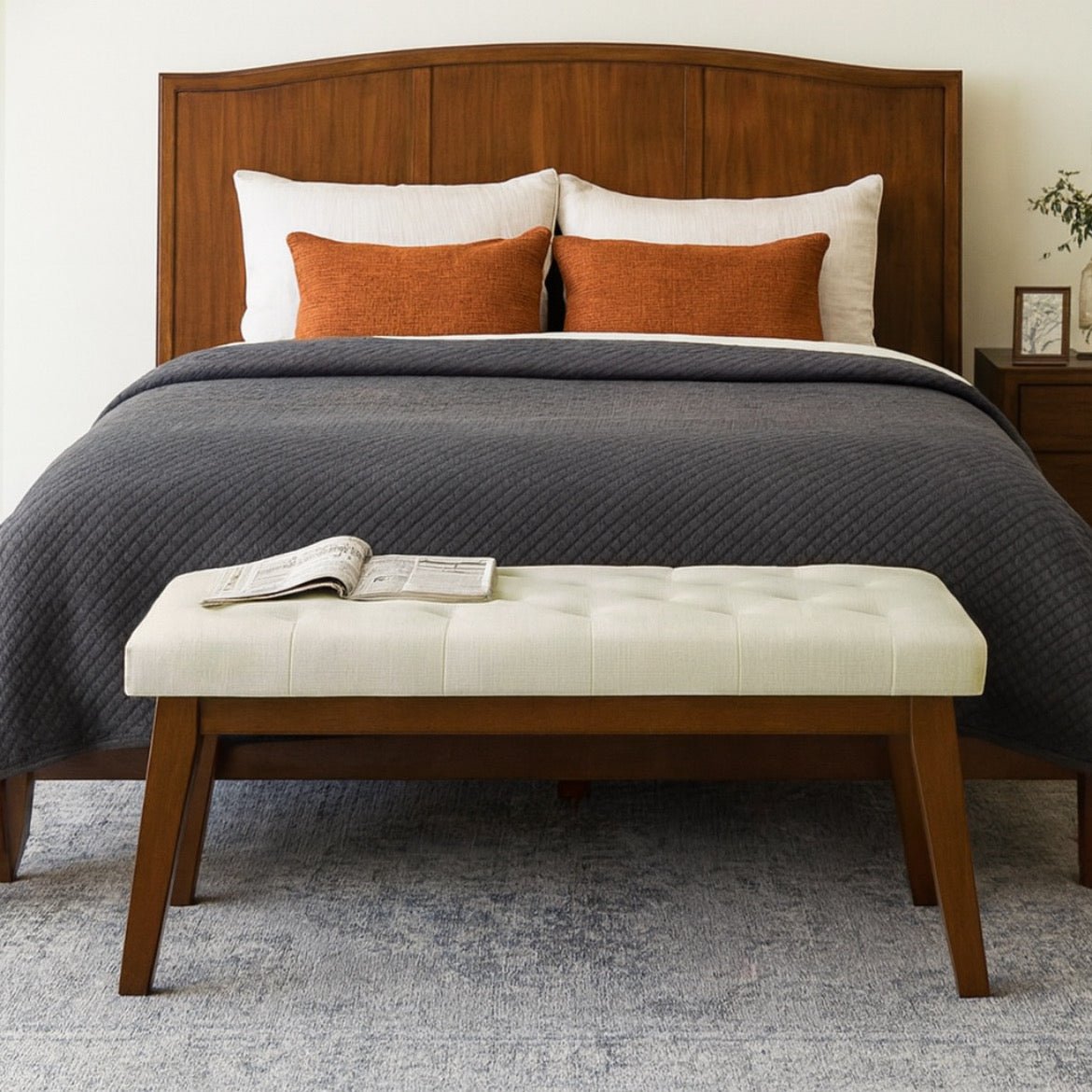 44" Tufted Upholstered Bench w/ Solid Wood Legs