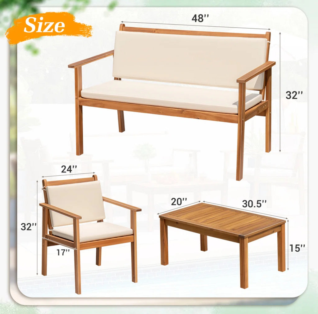 4-Pieces Outdoor Acacia Wood Conversation Sets w/ Cushions